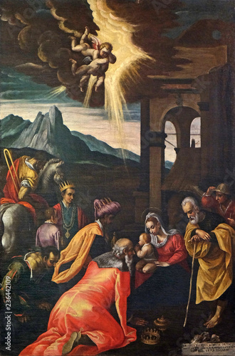 Adoration of the Magi, painting in the church of St. Victor on the Fishermen Island, one of the famous Borromeo Islands of Lake Maggiore, Italy photo