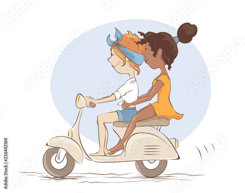 Girls on scooter / White and black girlfriends went on a trip, vector illustration