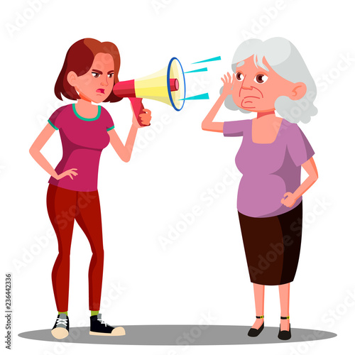 Girl Screaming To Hearing Impaired Elderly Woman Vector. Isolated Cartoon Illustration