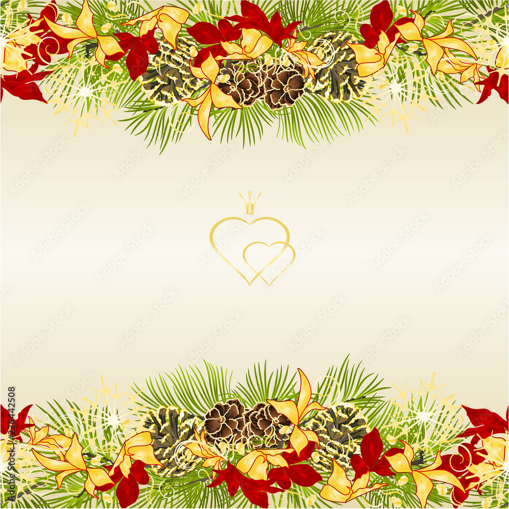 Border Christmas and New Year decoration festive golden and red leaves poinsettia three and fir tree branch pine cones and golden snowflakes vintage vector illustration editable hand draw