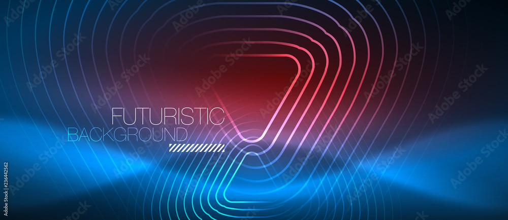 Neon glowing techno lines, hi-tech futuristic abstract background template with geometric shapes Neon glowing techno lines, hi-tech futuristic abstract background template with geometric shapes