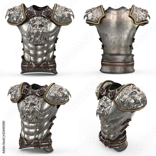Photo Medieval armor on the body in the style of a lion with large shoulder pads on an isolated white background