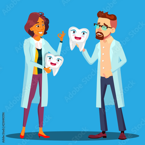 Doctor Dentist Holding A Smiling Tooth, Man And Woman In White Coat Vector. Isolated Cartoon Illustration