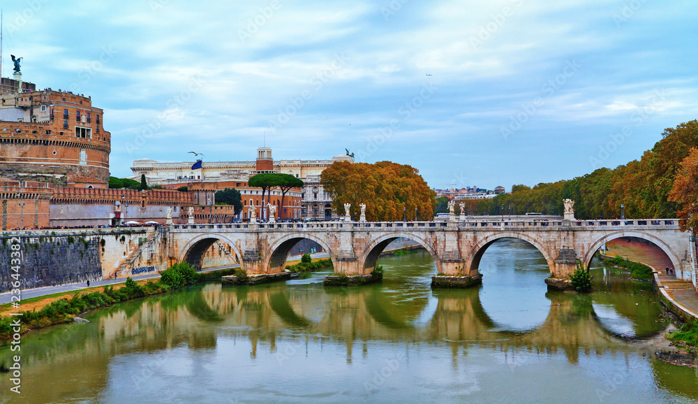 Rome - Italy, November 5, 2016. Bridge on the river. 