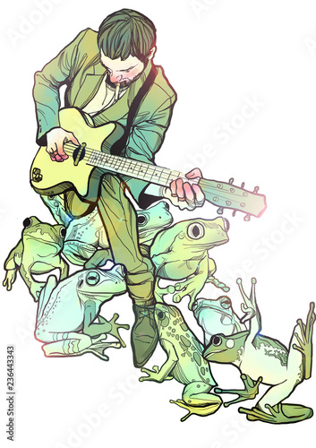 Musician playing guitar with frogs isolated over white background © Sophia