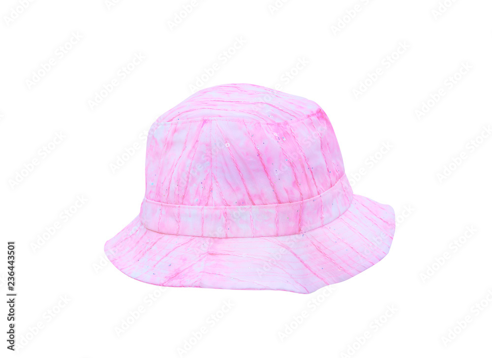 Fototapeta premium Pink fabric woman hat with line patterns isolated on white background and clipping path,,handmade