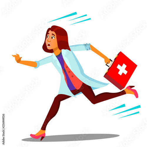 Ambulance, Running Doctor Woman With First Aid Box Vector. Isolated Cartoon Illustration