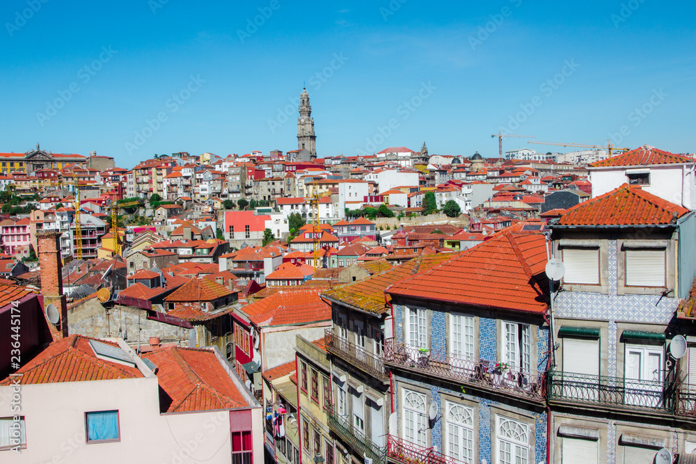 Panoramic aerial view of Old Town Porto in a beautiful autumn day, Portugal, Porto