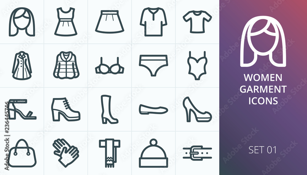 Women garment icon set. Set of women clothes, shoes and accessory isolated vector icons Women garment icon set. Set of women clothes, shoes and accessory isolated vector icons