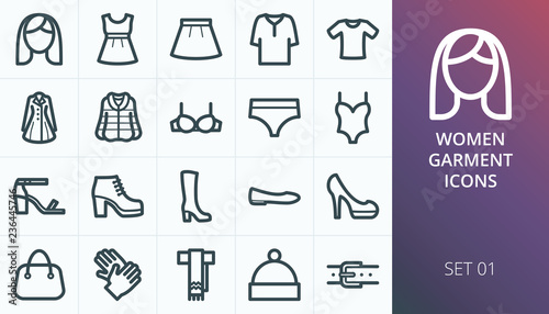 Women garment icon set. Set of women clothes, shoes and accessory isolated vector icons