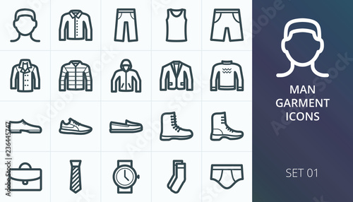 Men garment icons set. Set of men clothes, shoes and accessory icons