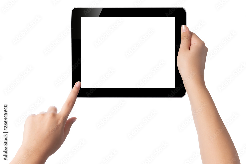 Hand holding blank screen tablet pc on white background Hand holding blank screen tablet pc on white background