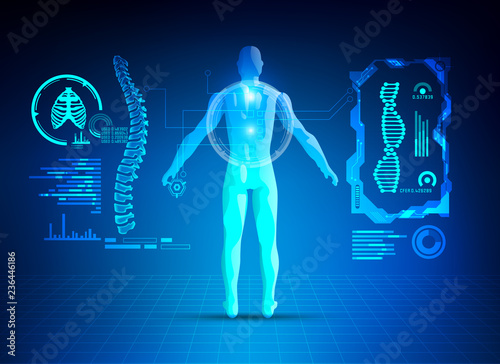 concept of healthcare technology; scientific interface of identity check; digital blueprint of 3D body part of human