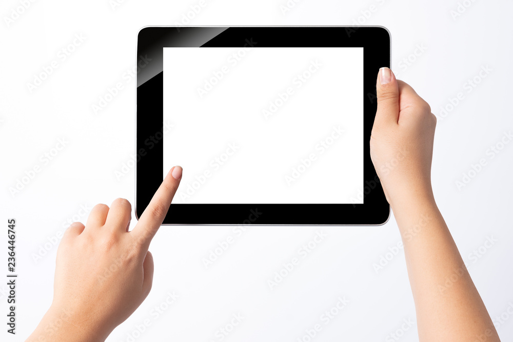 Hand holding blank screen tablet pc on white background Hand holding blank screen tablet pc on white background