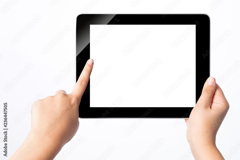 Hand holding blank screen tablet pc on white background Hand holding blank screen tablet pc on white background