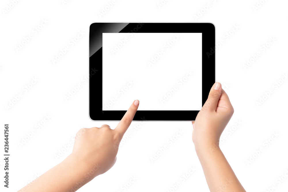 Hand holding blank screen tablet pc on white background Hand holding blank screen tablet pc on white background