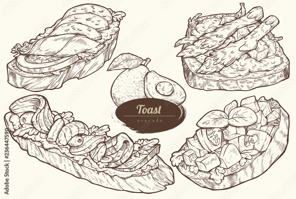 Avocado toasts with different toppings. Healthy breakfast meal. Set of vector illustrations isolated on light background. Hand drawn. Vintage style Avocado toasts with different toppings. Healthy breakfast meal. Set of vector illustrations isolated on light background. Hand drawn. Vintage style