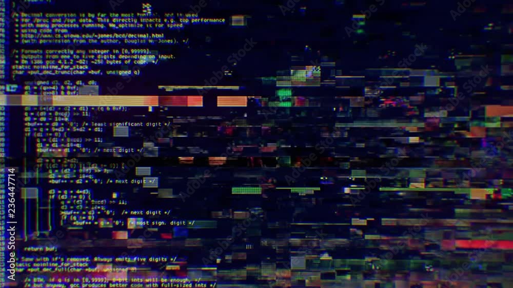 Two columns of source code (instruction for computers in their language) scrolling on a screen, with a heavy digital glitch distortion (errors in transmission over airwaves).
