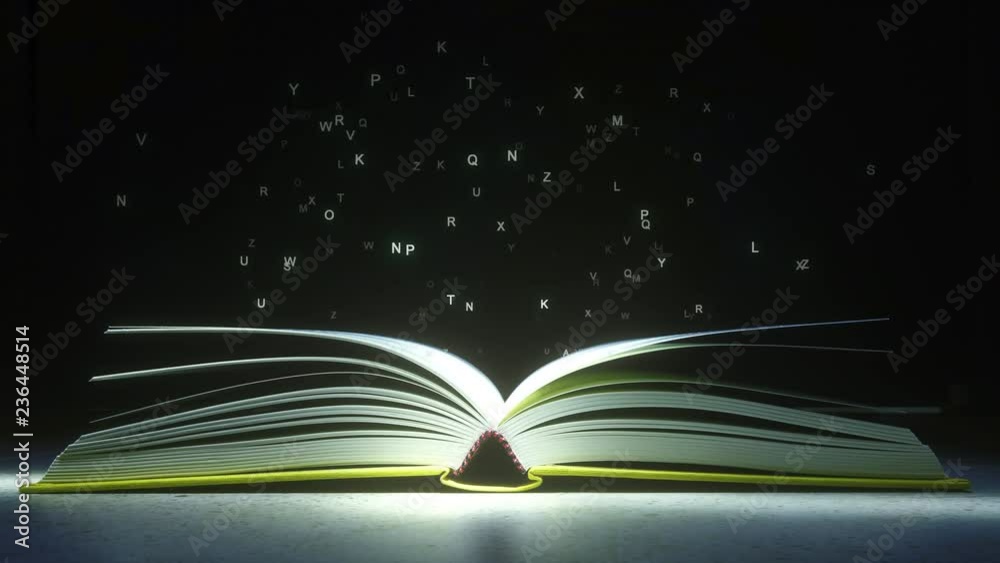 Glowing letters mysteriously vaporize from the open book. Reading or literature related animation