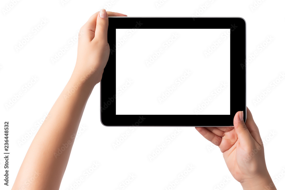 Hand holding blank screen tablet pc on white background Hand holding blank screen tablet pc on white background