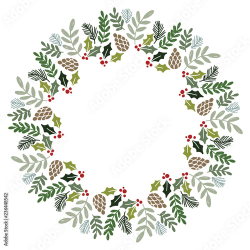 Christmas Wreath with Round Frame for Cards Design Vector Layout with Copyspace Can be use for Decorative Kit, Invitations, Greeting Cards, Blogs, Posters, Merry Christmas and Happy New Year.