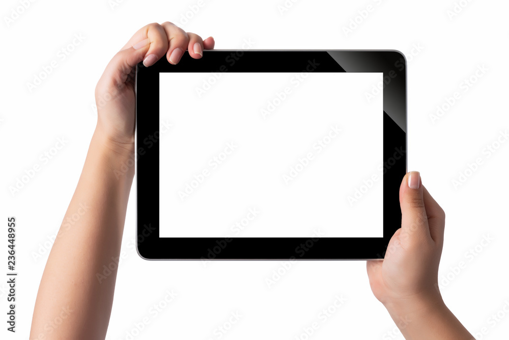 Hand holding blank screen tablet pc on white background Hand holding blank screen tablet pc on white background