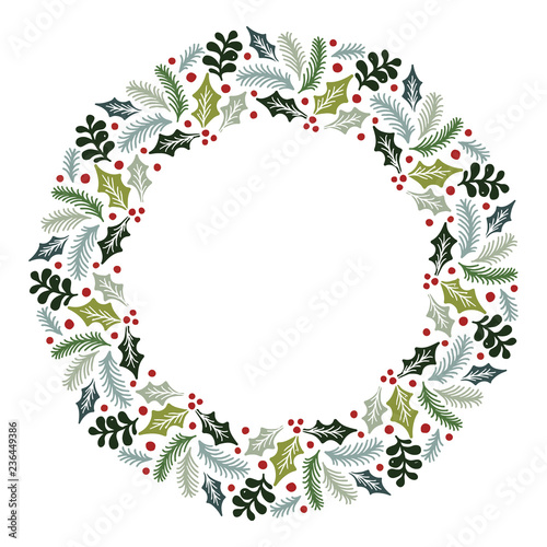 Christmas Wreath with Round Frame for Cards Design Vector Layout with Copyspace Can be use for Decorative Kit, Invitations, Greeting Cards, Blogs, Posters, Merry Christmas and Happy New Year.