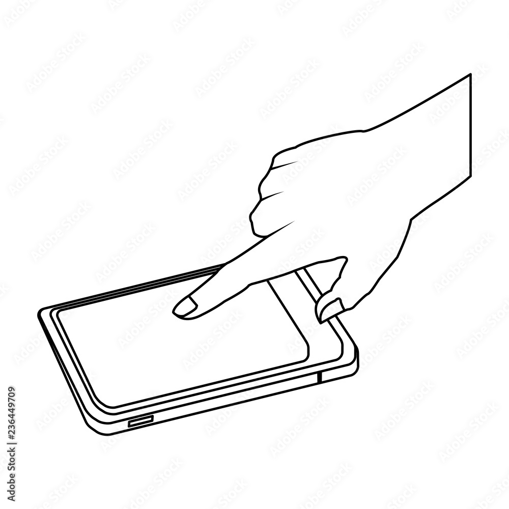 Hand touching smartphone screen black and white Hand touching smartphone screen black and white