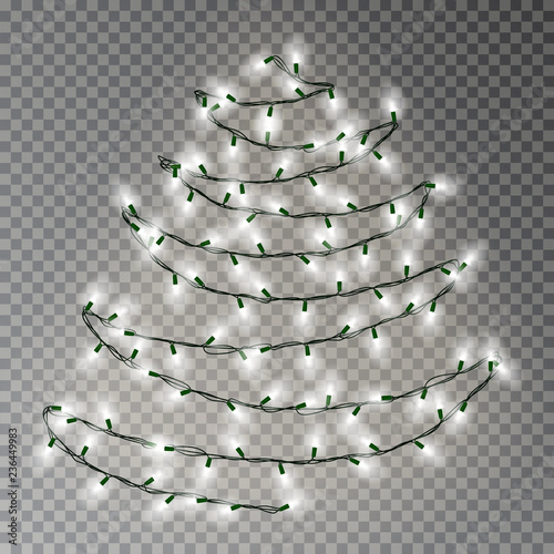 Christmas tree of white lights string. Transparent effect decoration isolated on dark background. Re