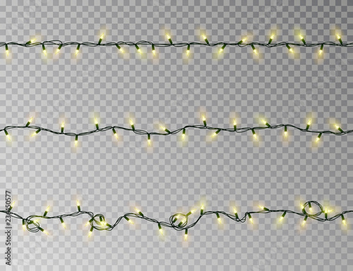 Christmas lights string seamless vector. Transparent color effect decoration isolated. Realistic Chr