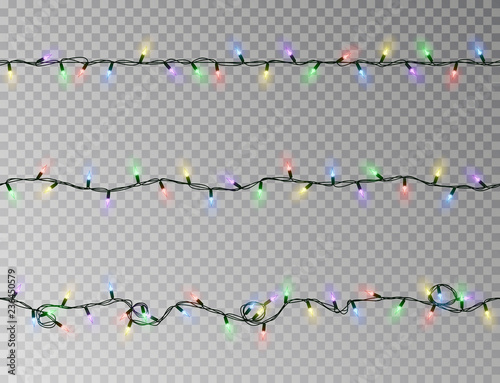 Christmas lights string seamless vector. Transparent color effect decoration isolated. Realistic Chr
