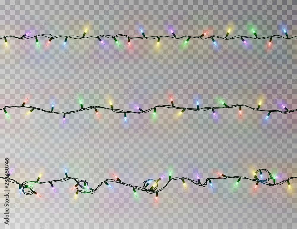 Christmas lights string seamless vector. Transparent color effect decoration isolated. Realistic Chr