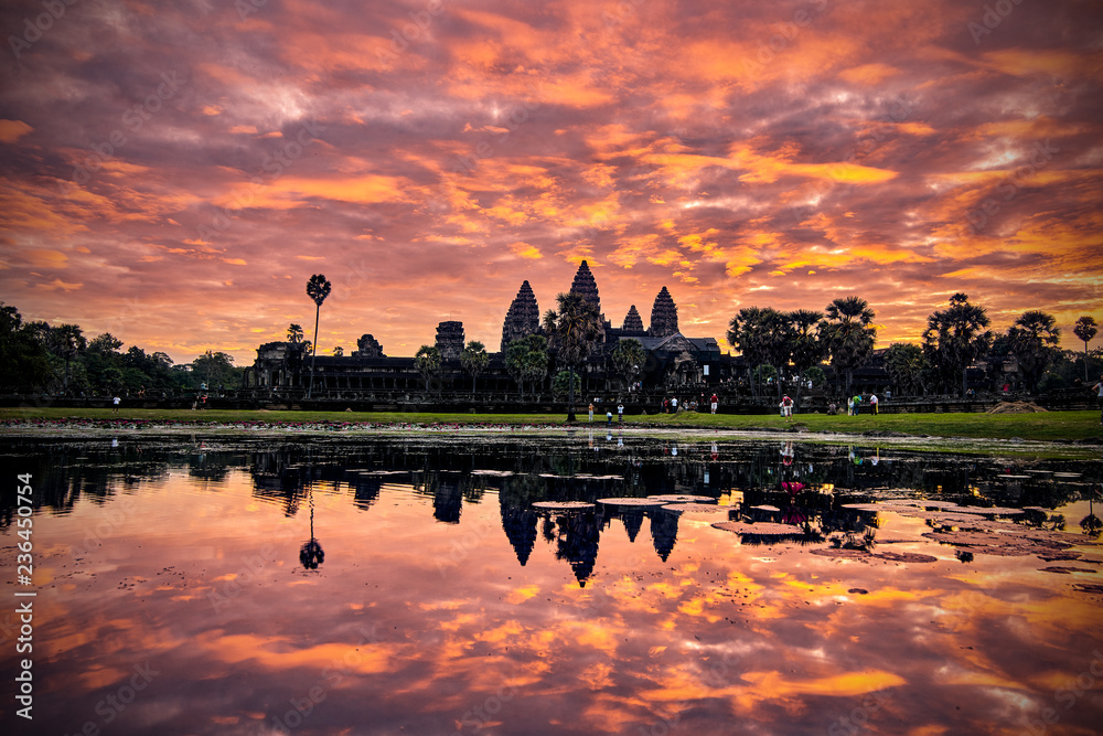 SIEM REAP, CAMBODIA - 13 December 2014:View of Angkor Wat complex at sunrise, Archaeological Park in Siem Reap, Cambodia, UNESCO World Heritage Site and popular tourist attraction