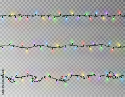 Christmas lights string seamless vector. Transparent color effect decoration isolated. Realistic Chr