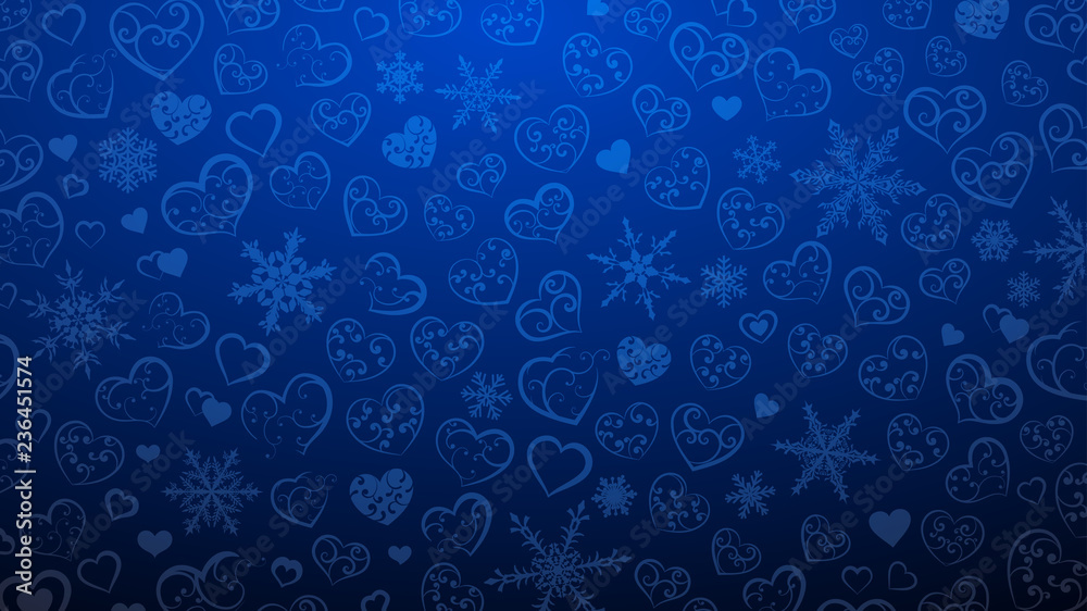 Naklejka Background of snowflakes and hearts with ornament of curls, in blue colors
