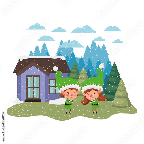house with pine trees falling snow and couple of elves
