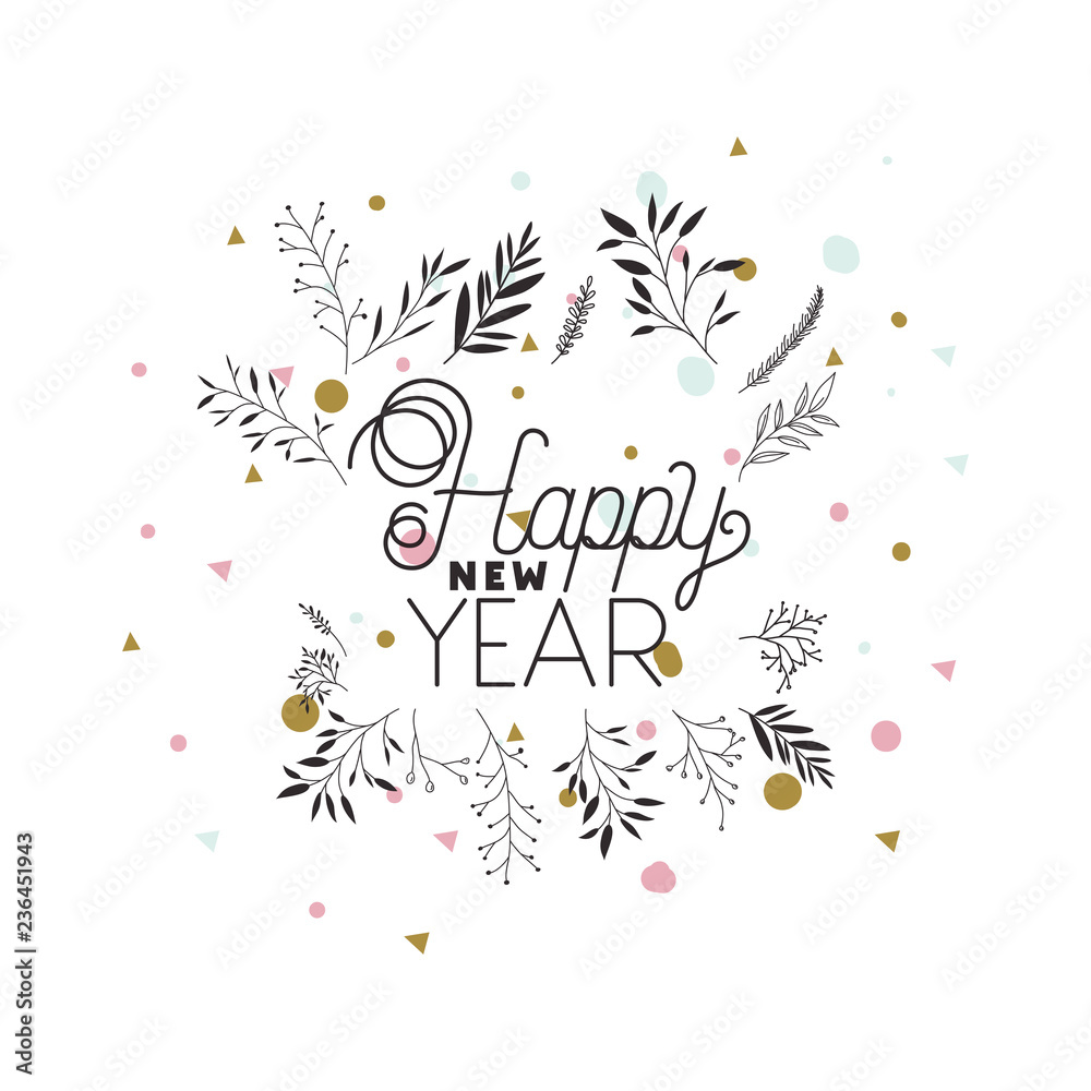 happy year with branch and leaves isolated icon happy year with branch and leaves isolated icon