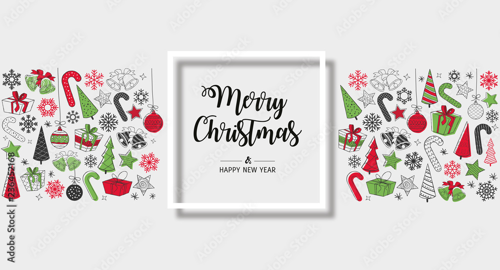 Greeting card Merry Christmas background. Vector illustration with Christmas elements snowflakes, trees, stars, Candy Cane, gifts. 