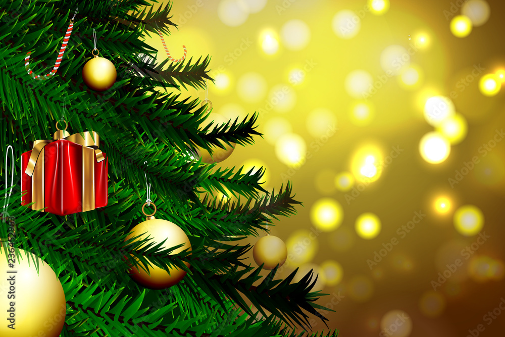 Christmas ornament  and Christmas tree with gold bokeh background