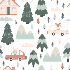 Acrylglasbilder Automuster Lustige Tiere im Auto Kindermuster  © rosypatterns