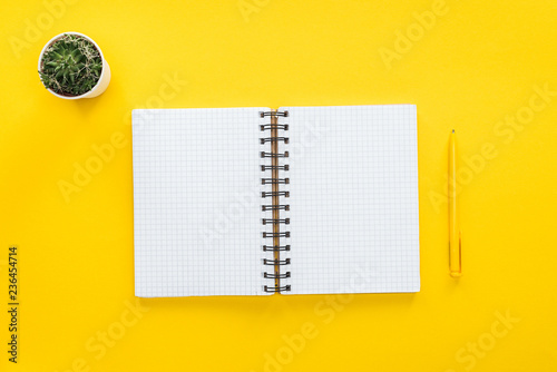 top view of blank spiral notebook and pen on yellow background
