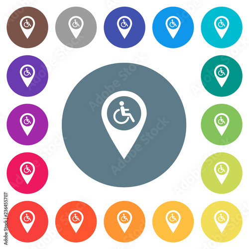 Disability accessibility GPS map location flat white icons on round color backgrounds