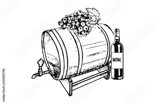A barrel with a bunch of grapes and wine bottle, hand drawn Illustration.