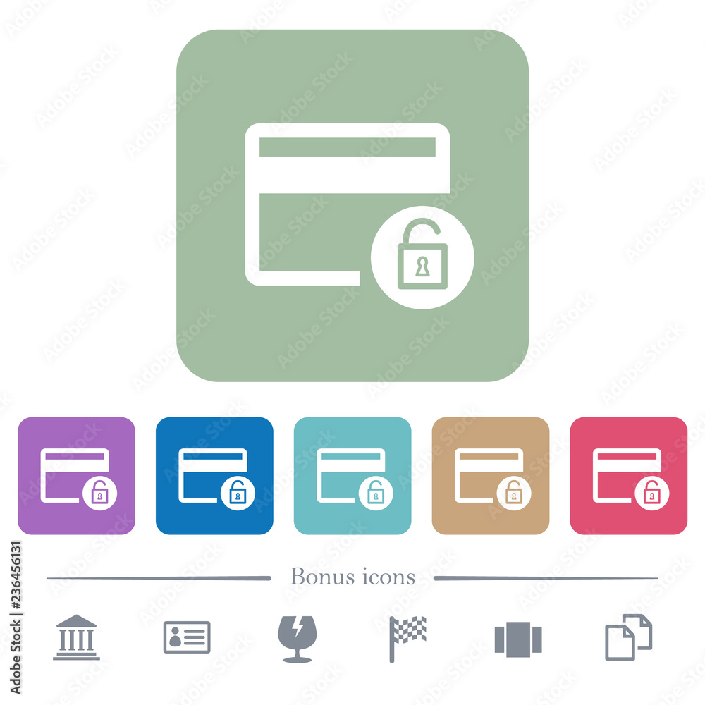 Unlock credit card transactions flat icons on color rounded square backgrounds