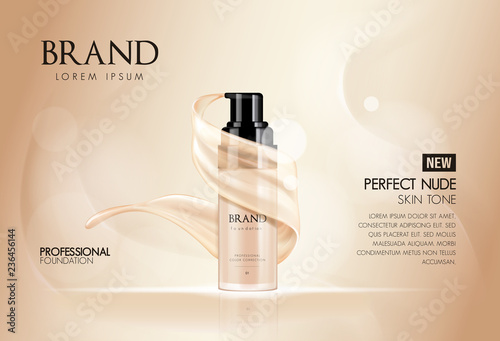 Cosmetic vector foundation premium product advertisment, ads for promotion. Make-up in bottle with its texture flowing on a soft beige background.