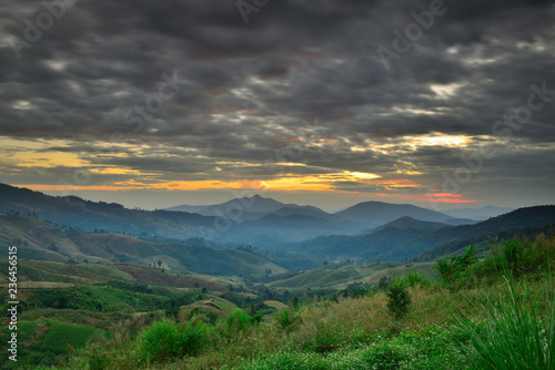 Natural landscape view with mists sea at sunrise. Mists in the cove. Mountain of fog, sun and win.