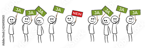 Viele Personen mit JA Schildern - eine Person mit NEIN schild