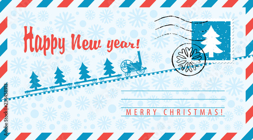 Vector envelope on the theme of Christmas and New year with postage stamp and postmark. An old steam locomotive carries Christmas trees on the background of snowflakes.