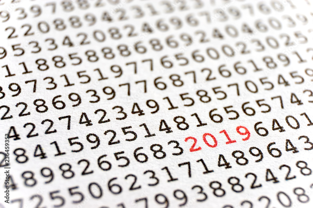 Background with black printed random numbers and the numbers 2019 in red for use as a template for a new year card or annual report Background with black printed random numbers and the numbers 2019 in red for use as a template for a new year card or annual report