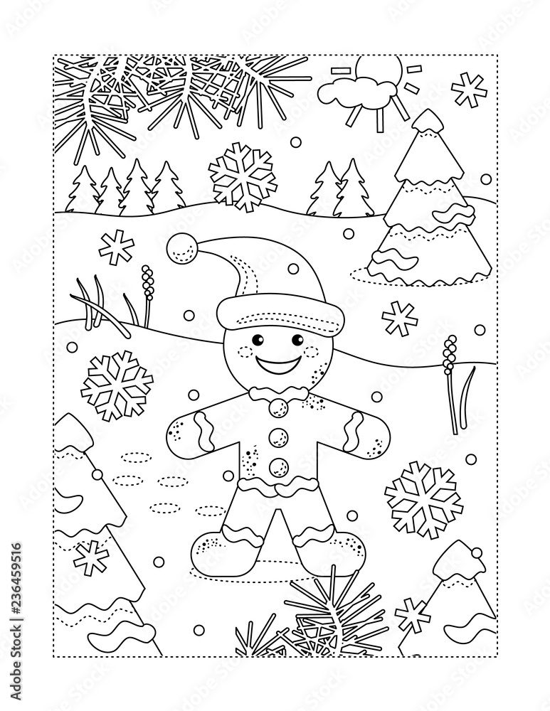Fototapeta premium Winter holidays joy themed coloring page with happy cheerful gingerbread man walking outdoor